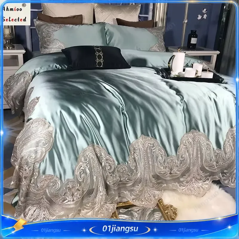 Luxury 1400TC Cotton Bedding Set Silky Hollow Out Lace Duvet Cover High End Bedspread Comforter Cover Set Soft Breathable