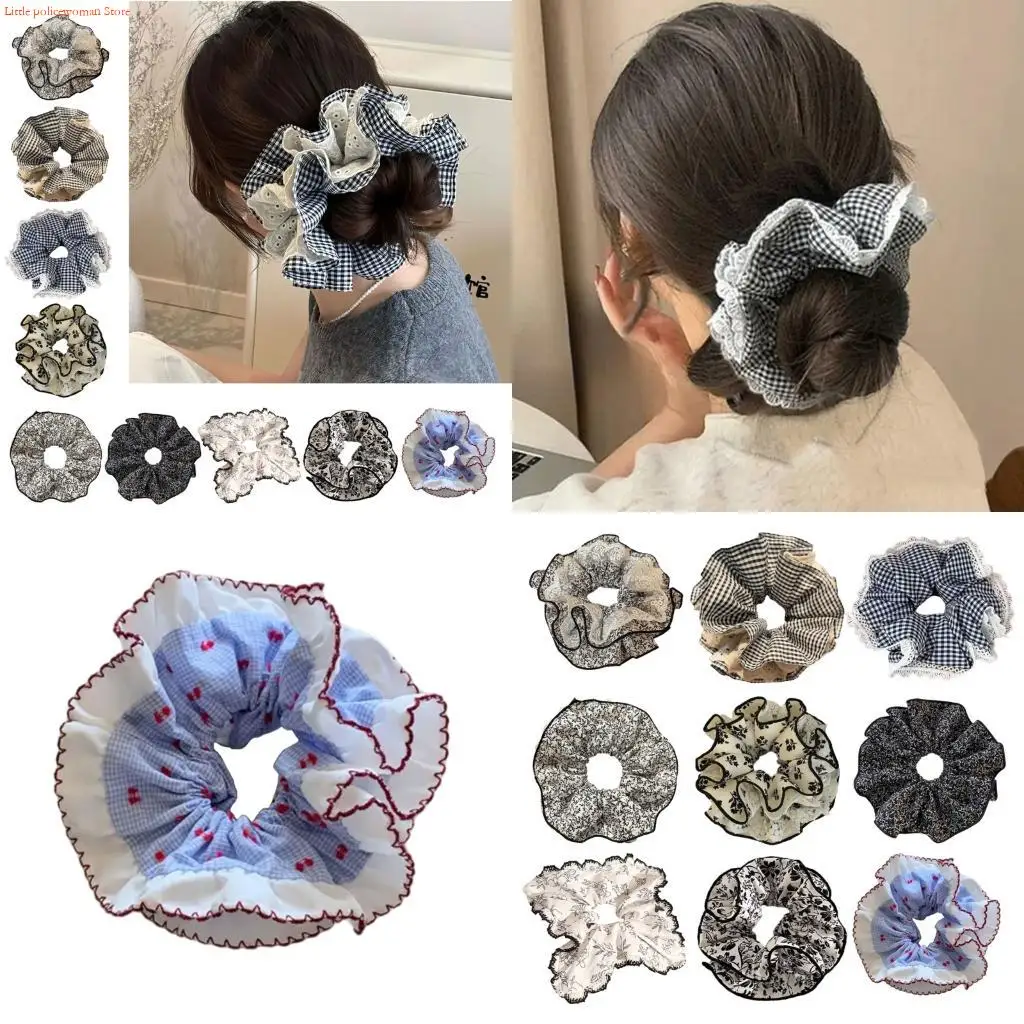 F92D Stylish French Lace Hair Scrunchies Elastic Hair Band For Bun Updos Floral Pattern Hair Accessories