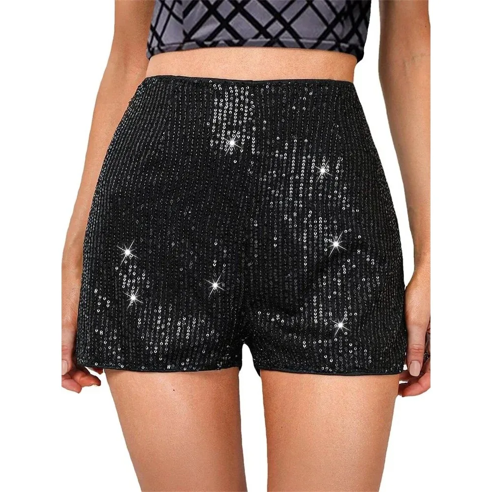 

Women's High Waist Sequin Shorts Glitter Strai Elastic PU Fabric Sparkly Glitter Women's Fashion Winter 2016 Denim Shorts