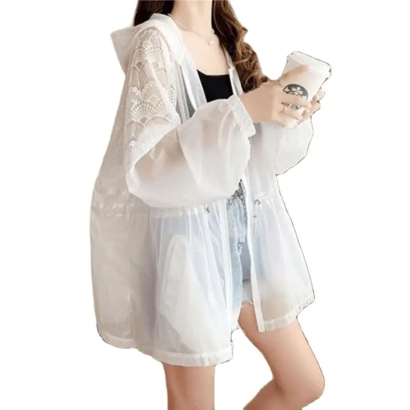 

4XL Female Fashionable Hollow Out Women's Sun Protection Jacket New Summer Loose Anti-UV Thin Breathable Hooded Ladies Coat