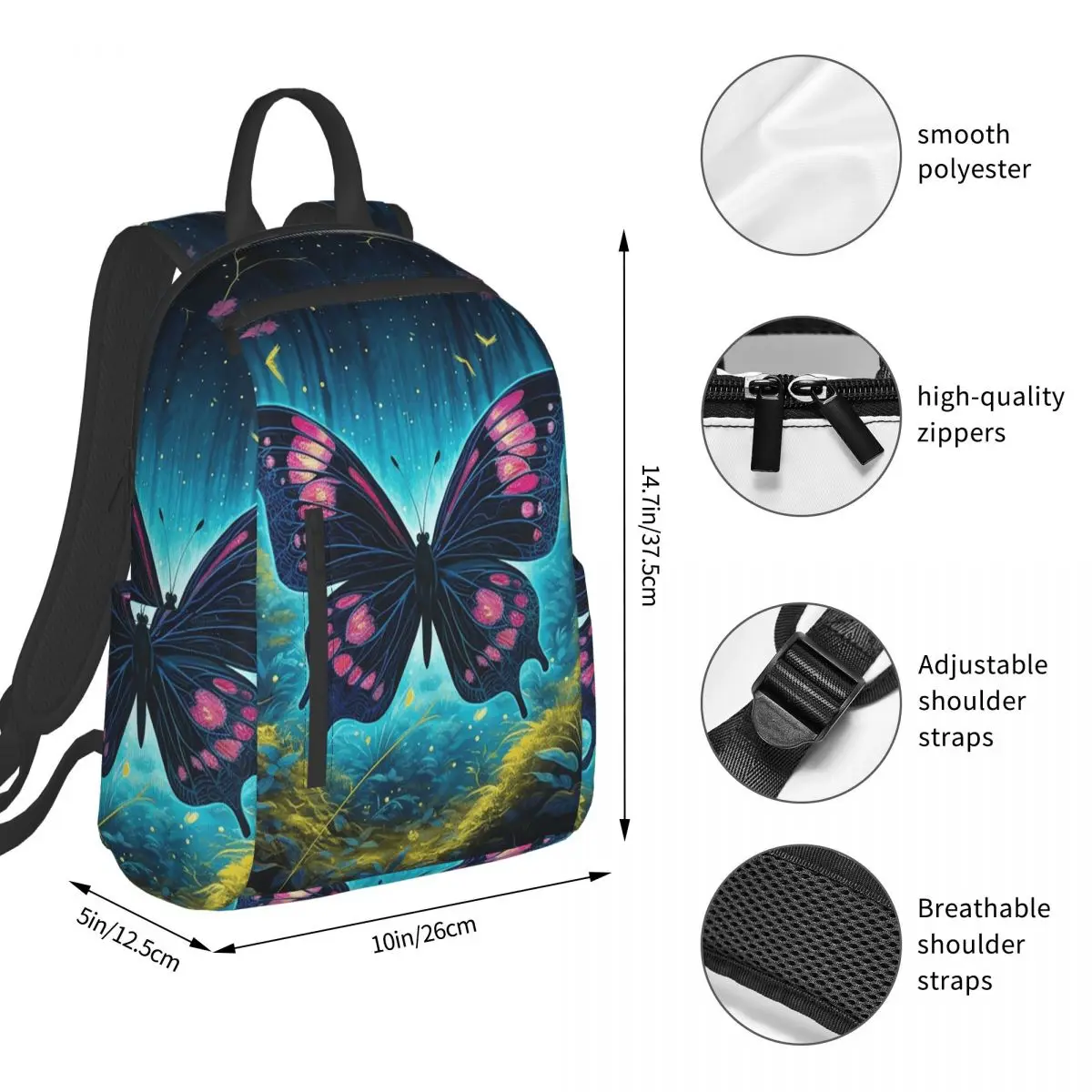 Vibrant Luminescent Butterfly In Forest Backpack Student BookBag Children School Bag Computer Shoulder Bags Boys Girls