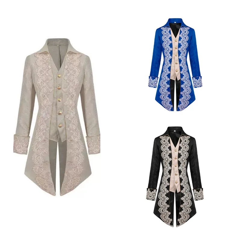 

Adult Medieval Noble Jackets Frock coat Steampunk Halloween Cosplay Tuexdo Men's renaissance Lace Trim Noble Tailcoat