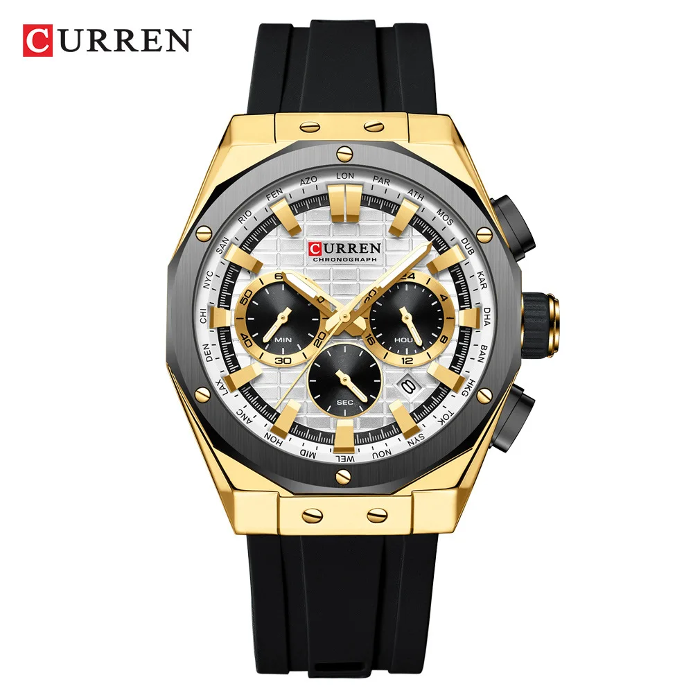 CURREN-Relógio de quartzo masculino, luminoso verde, cronógrafo data, pulseira de silicone, relógio masculino, moda esportiva ao ar livre, 8464