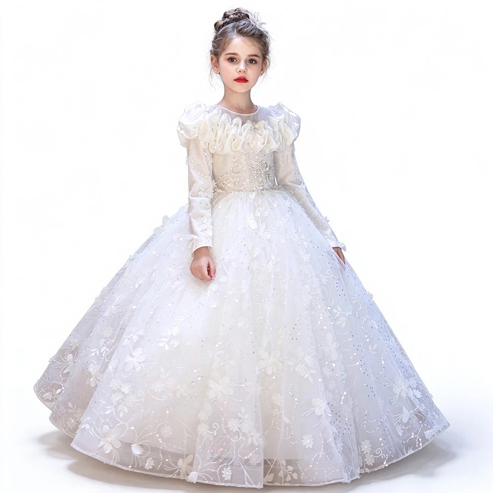Princess Birthday Wedding Party Gown White Long Sleeve Applique Piano Recital Performance Evening Prom Banquet Dress For Girls