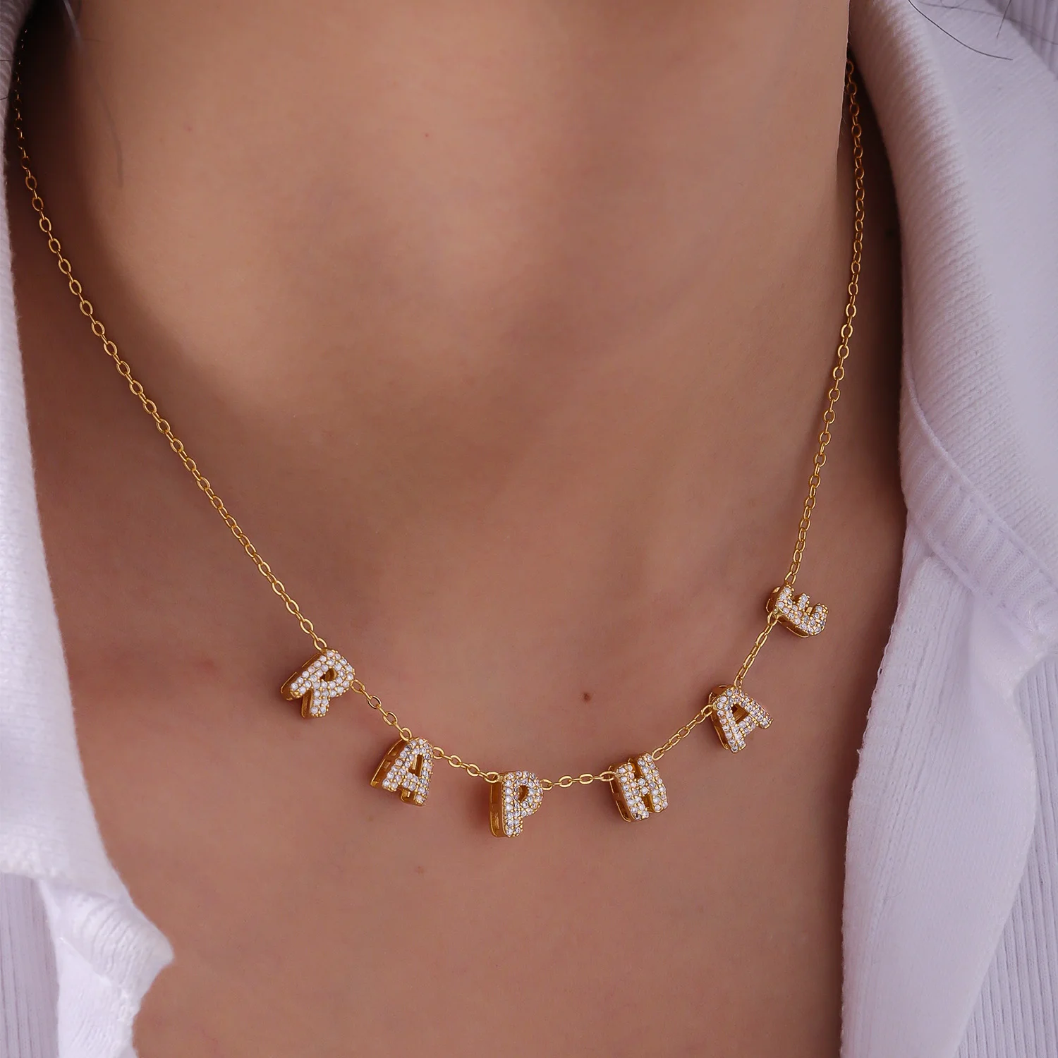 

3d Bubble Letter Necklace Copper Material Customizable Name Pendant Three Colors Crystal Jewelry Suitable Gift For Women'S Girls