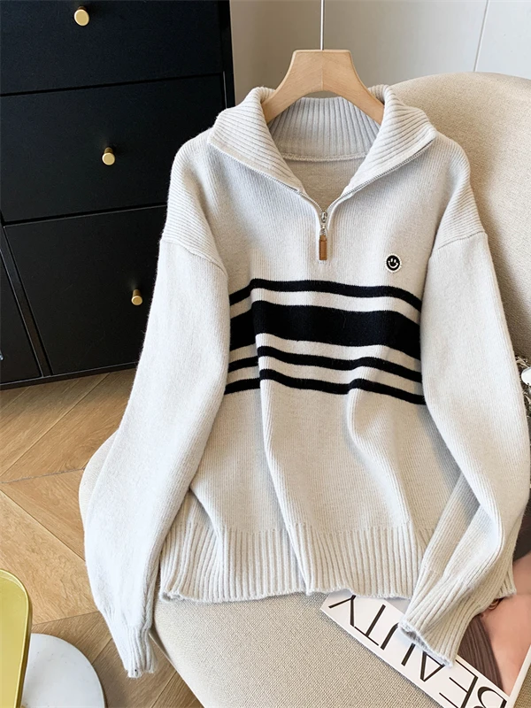 

Loose Fit Striped Knitwear Women's Large Size Zipper Hoodie Casual Outerwear Breathable Long Sve Faion Commute Sle