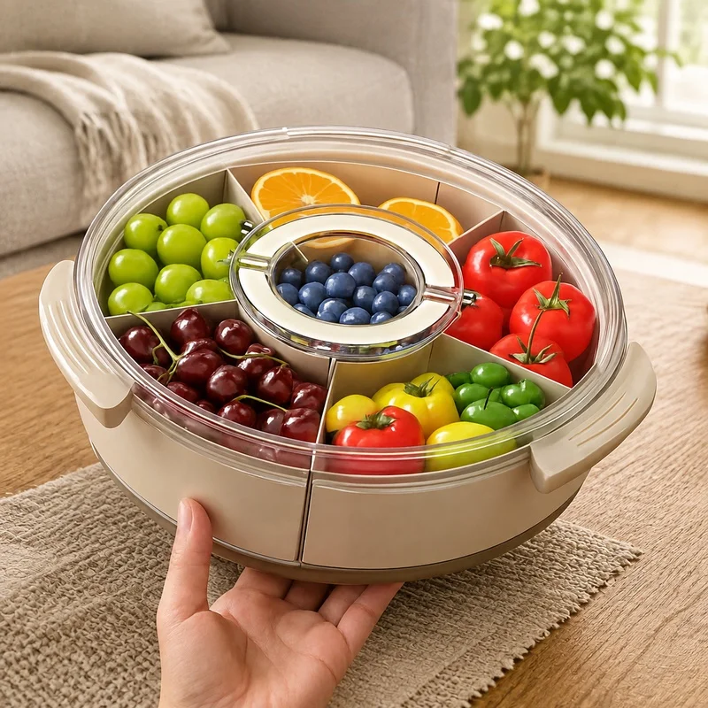 Rotating Snack Tray with Lid and Handle, Clear Sectioned Organizer for Fruits, Veggies, and Party Snacks Storage
