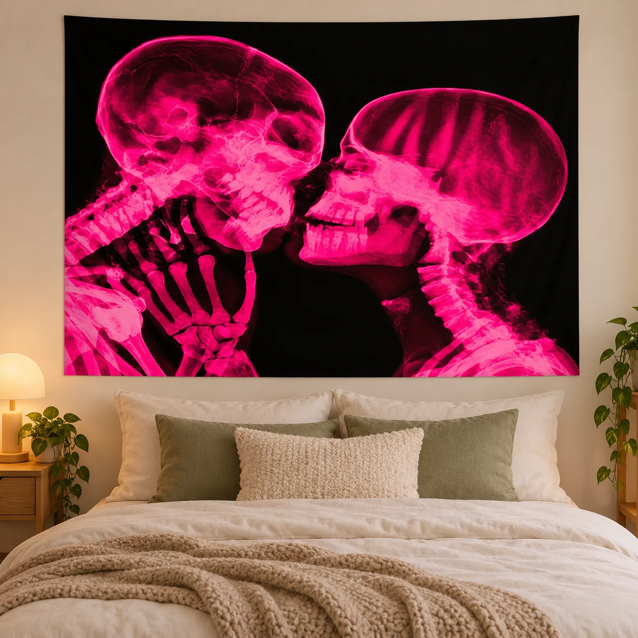 Unique Pink Neon Skull X-Ray Tapestry, Skeleton Pattern Wall Hanging, Modern Decor for Bedroom, Living Room, Music Room No lumin
