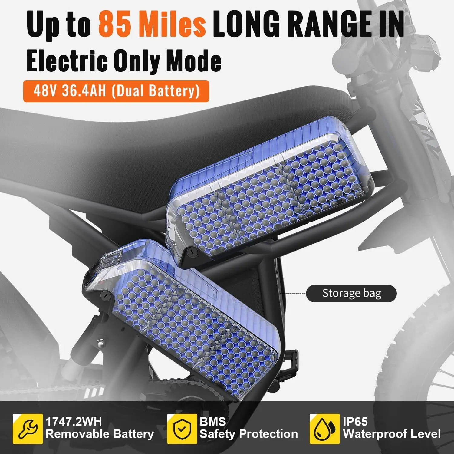 دراجة ترابية كهربائية للبالغين بقدرة 2000 وات، بحد أقصى 37 ميجا في الساعة و85 ميل طويلة المدى مع إطارات مقاس 25 بوصة، دراجة نارية ببطارية مزدوجة 1747 وات في الساعة #4