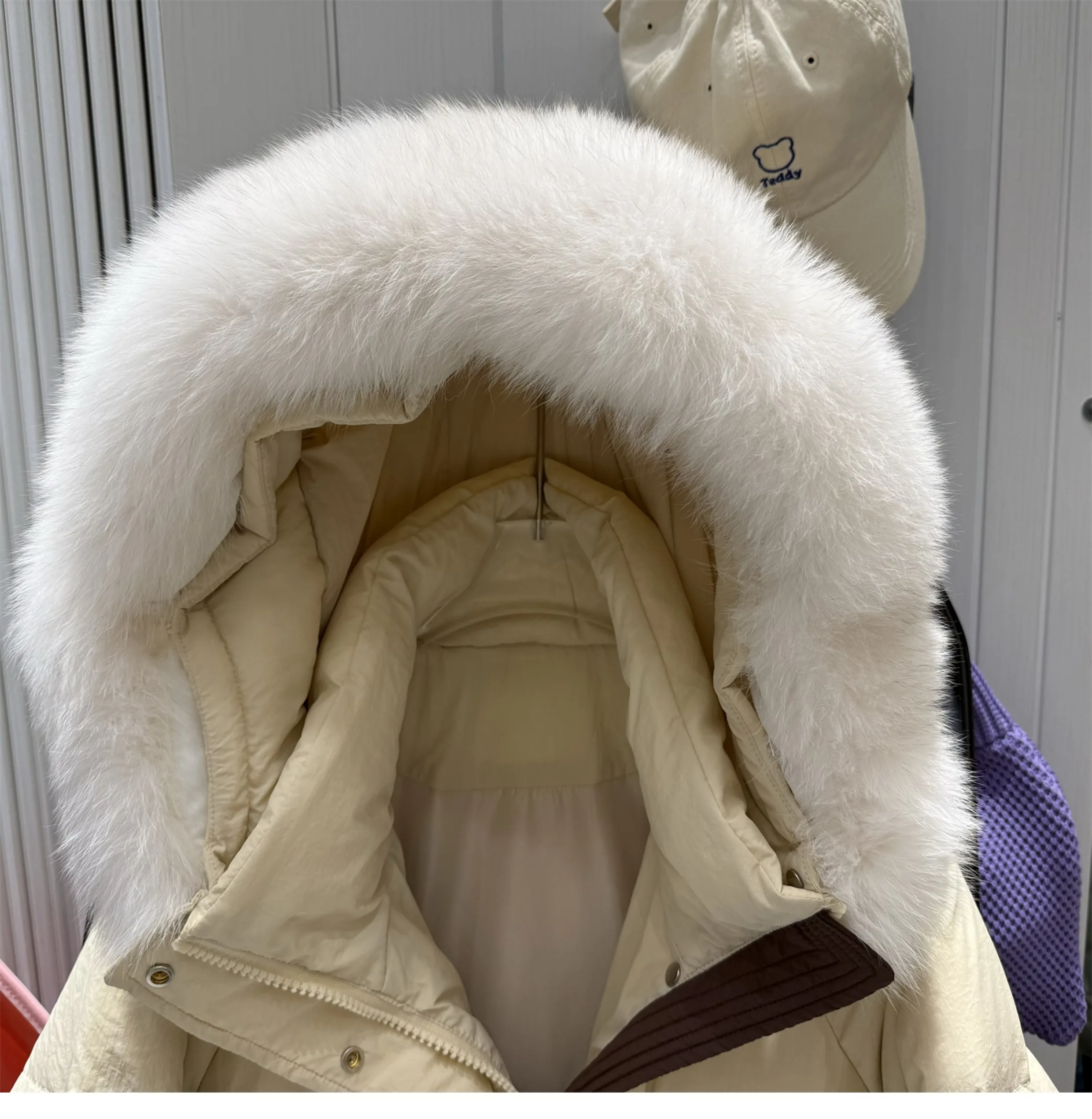여성용 한국 루즈 후드 다운 재킷, 리얼 여우 모피 칼라, 두꺼운 루즈 화이트 덕 다운 재킷, 긴 겨울 신상