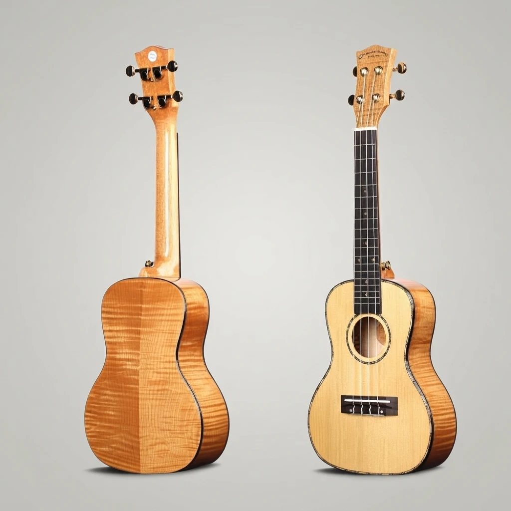 Flamed Grain Ukulele 4 Strings, Natural Light Gloss Top, Gold Closed Tuners, Decorative Rosette, Soprano Size for Beginners