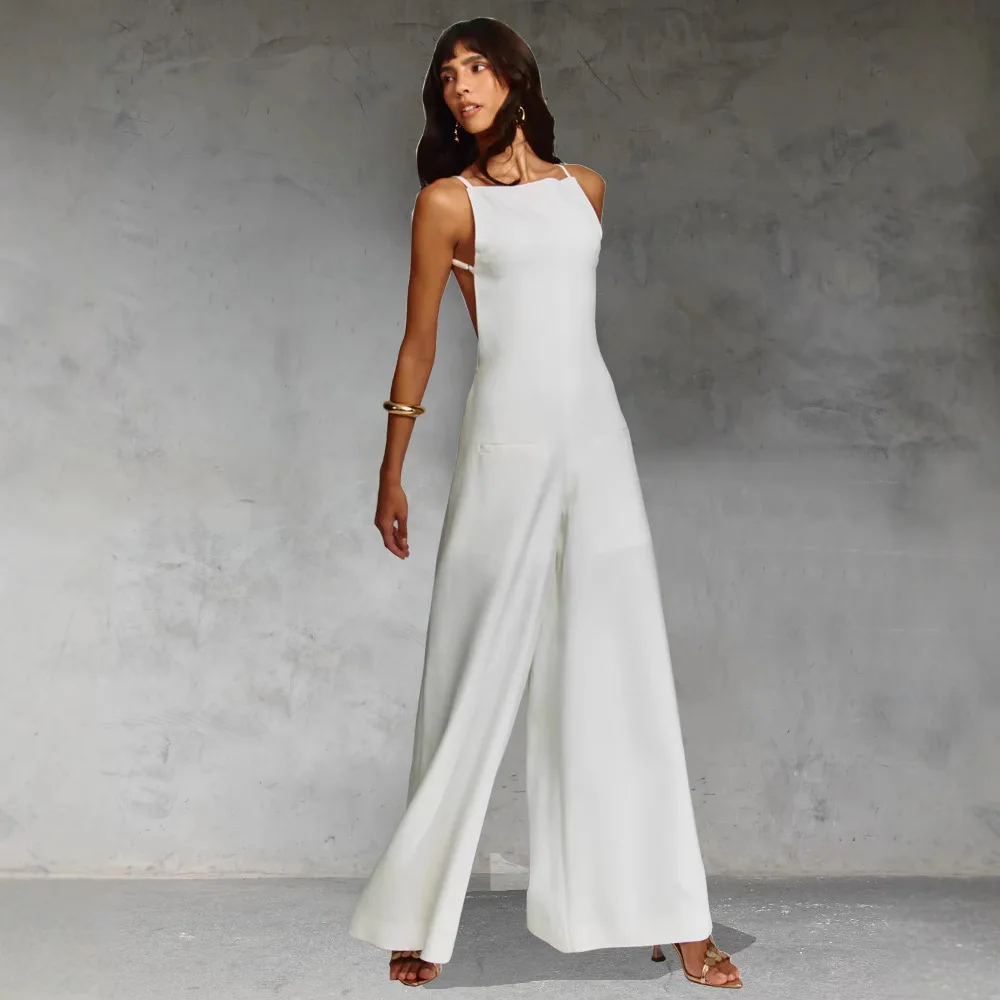 Women's Spring Summer New Style off Shoulder Sleeveless Romper Loose Vacation Casual Wide Leg Pants Cotton mid Low Waist