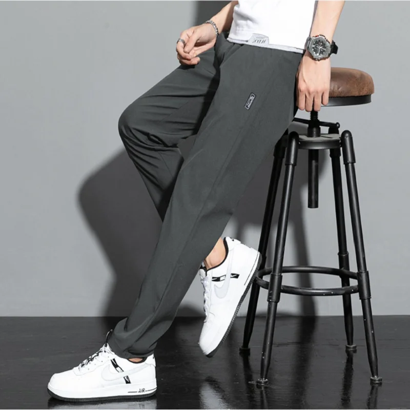 Ice Silk Men\'s Pants 2023 Summer Black Gray Thin Business Casual Pants Outdoor Elastic Breathable Straight Leg Sweatpants