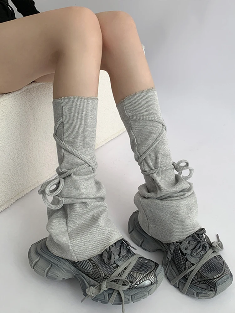 Foot Sock Women's Solid Color Knitted Cotton Thickened Warm Simple Fashion Leg Warmer Gray Lace-up Socks Spring Autumn Mid-Calf