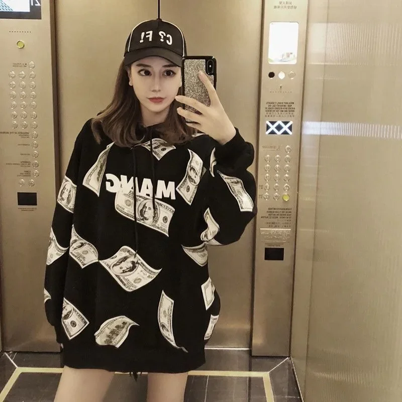 أوائل الخريف 2025 الأخت الكبرى المفضلة عارضة الأزياء السوداء الرجعية طباعة إلكتروني نمط كسول والترفيه فضفاض تنوعا بسيط #1