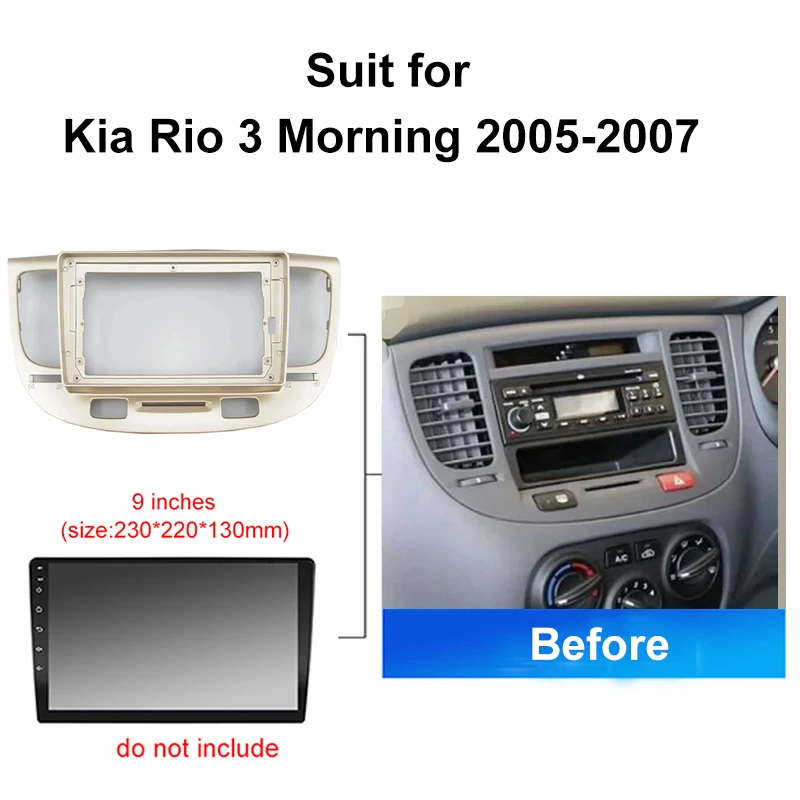 For Kia Rio 3 Morning 2005-2007 Car Radio 9 Inch 2 Din DVD GPS Mp5 Plastic Fascia Panel Frame Dash Mount Trim Kit