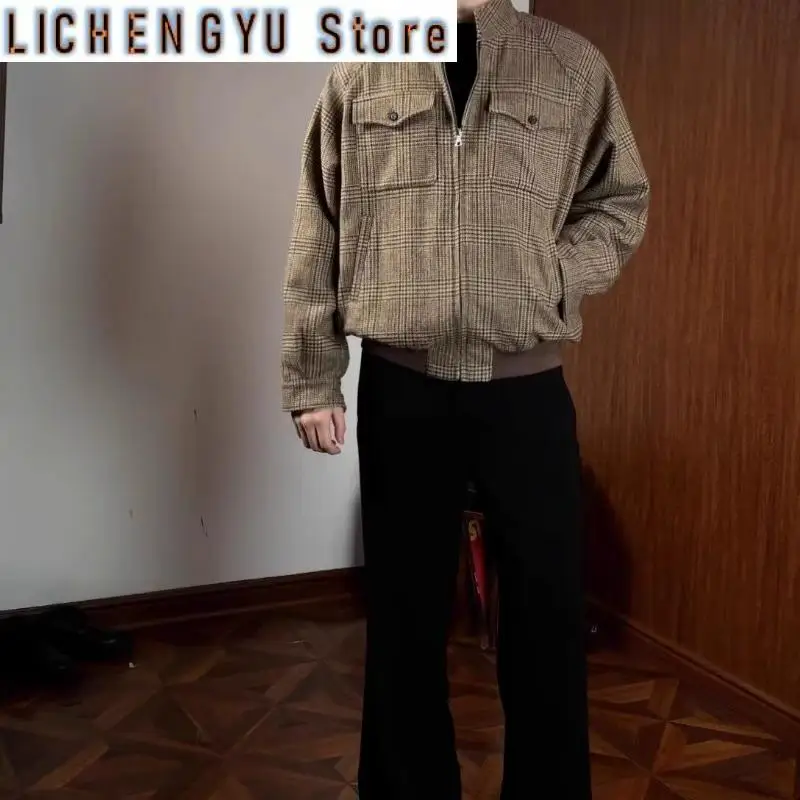

Brown American High Street Men Jacket 2025 Autumn Checkered Color and Blocked Simple Male Coats Multiple Pockets Tooling Outwear