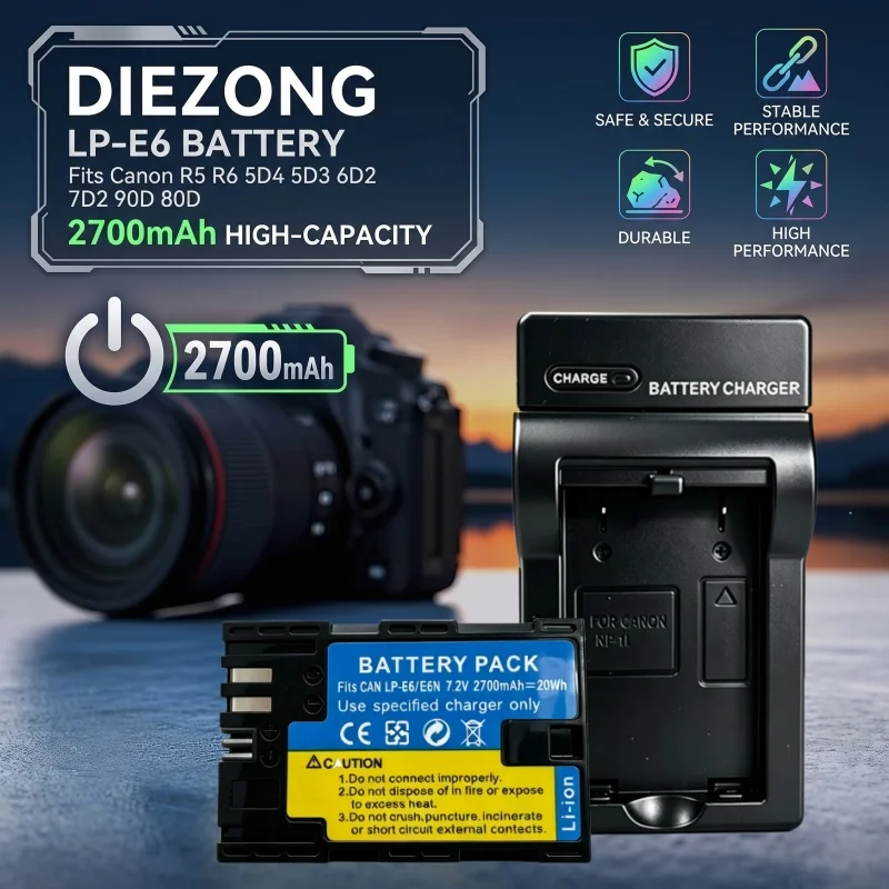 LP-E6 Camera Battery & Charger Kit for Canon EOS R5 R6 5D Mark IV 5D 6D 7D 90D 80D DSLR Camera Stable and durable