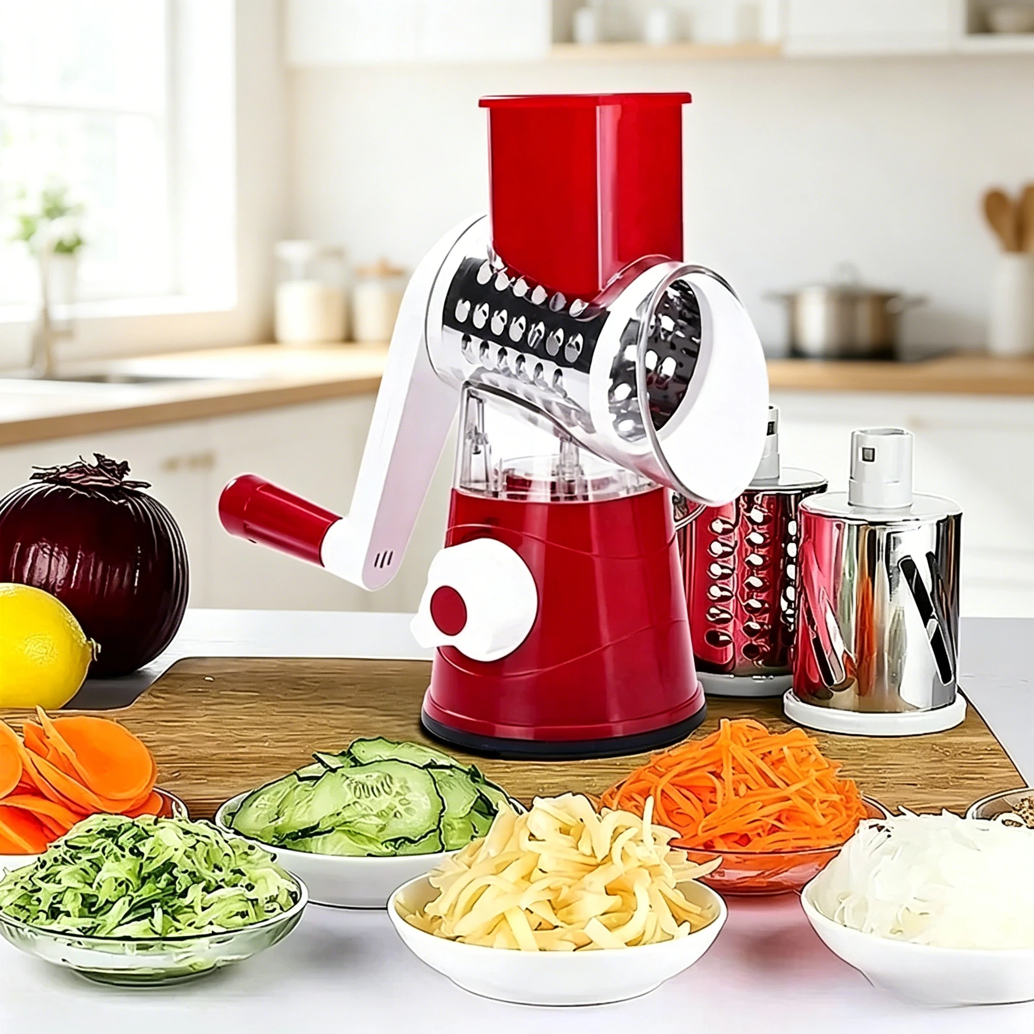 Cortador de Verduras Rotatorio 3 en 1, Rallador Manual Multifuncional con 3 Rodillos Afilados, Rallador de Queso, Utensilio de Cocina