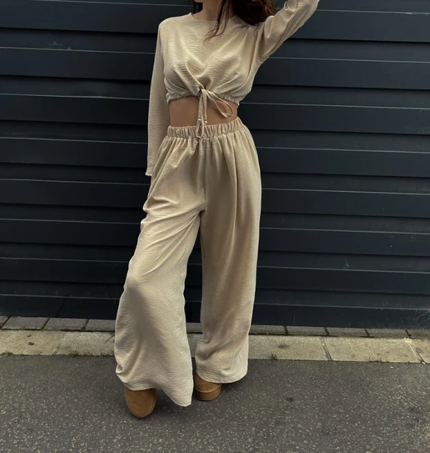 

Summer New Casual Two-Piece Set Fashion Solid Color Tie Up Short Long Sleeved Top Wide Leg Pants Two-Piece Set for Women