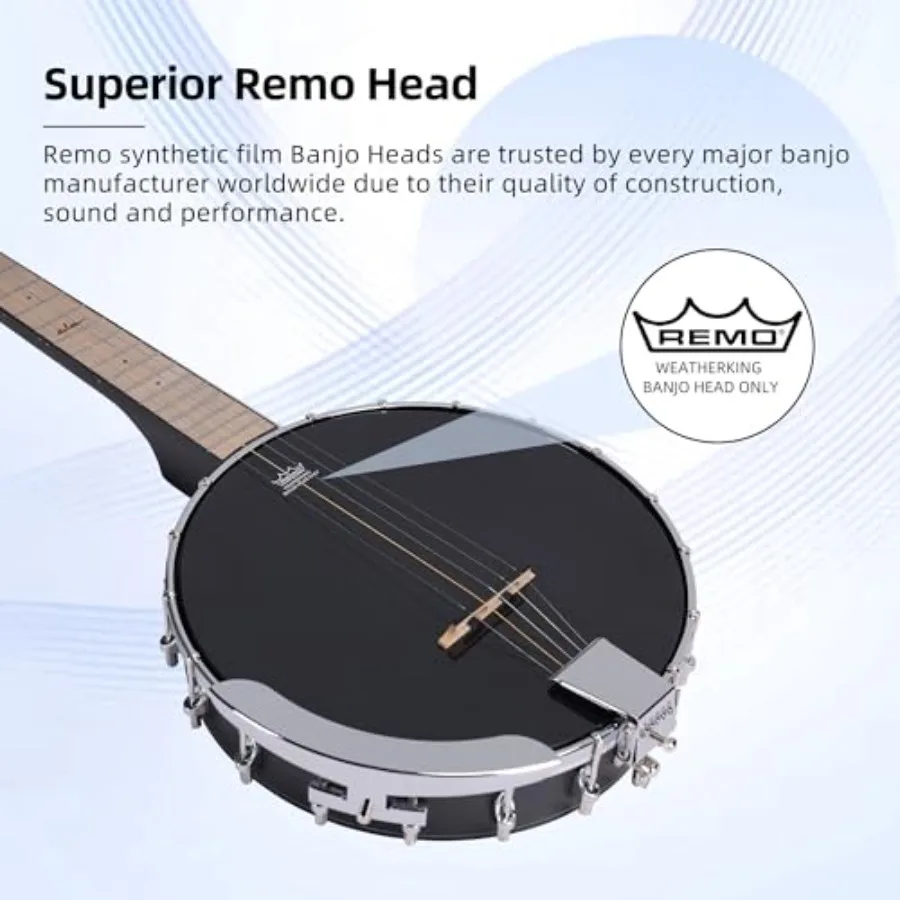 5 String Banjo Guitar Kit with Remo Drum Head and Geared 5th Tuner, 18 Bracket Beginner Banjoe Set Gift Package with Free Lesso