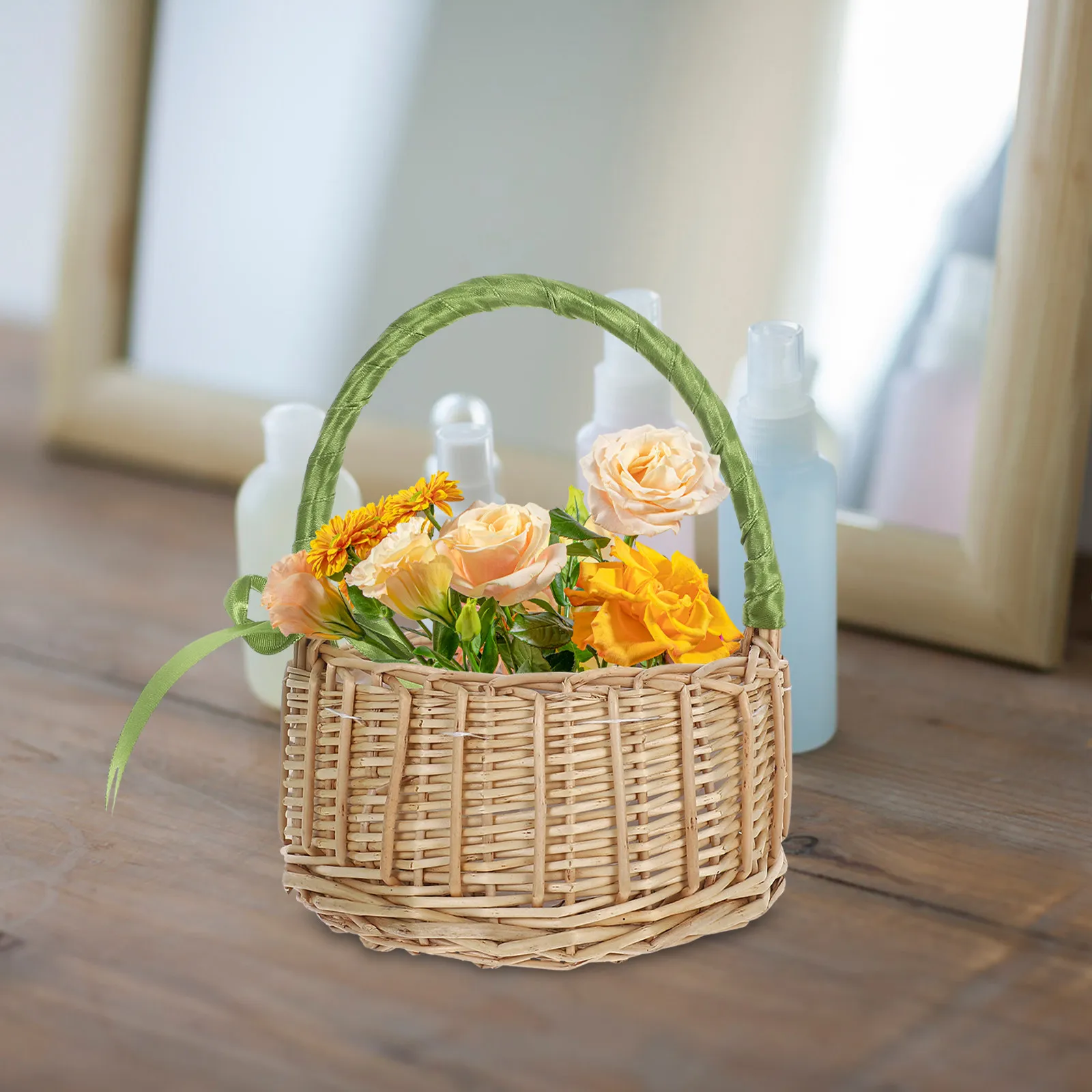 Handwoven Willow Flower Basket with Ribbon Handle – Wedding, Home Decor & Candy Display