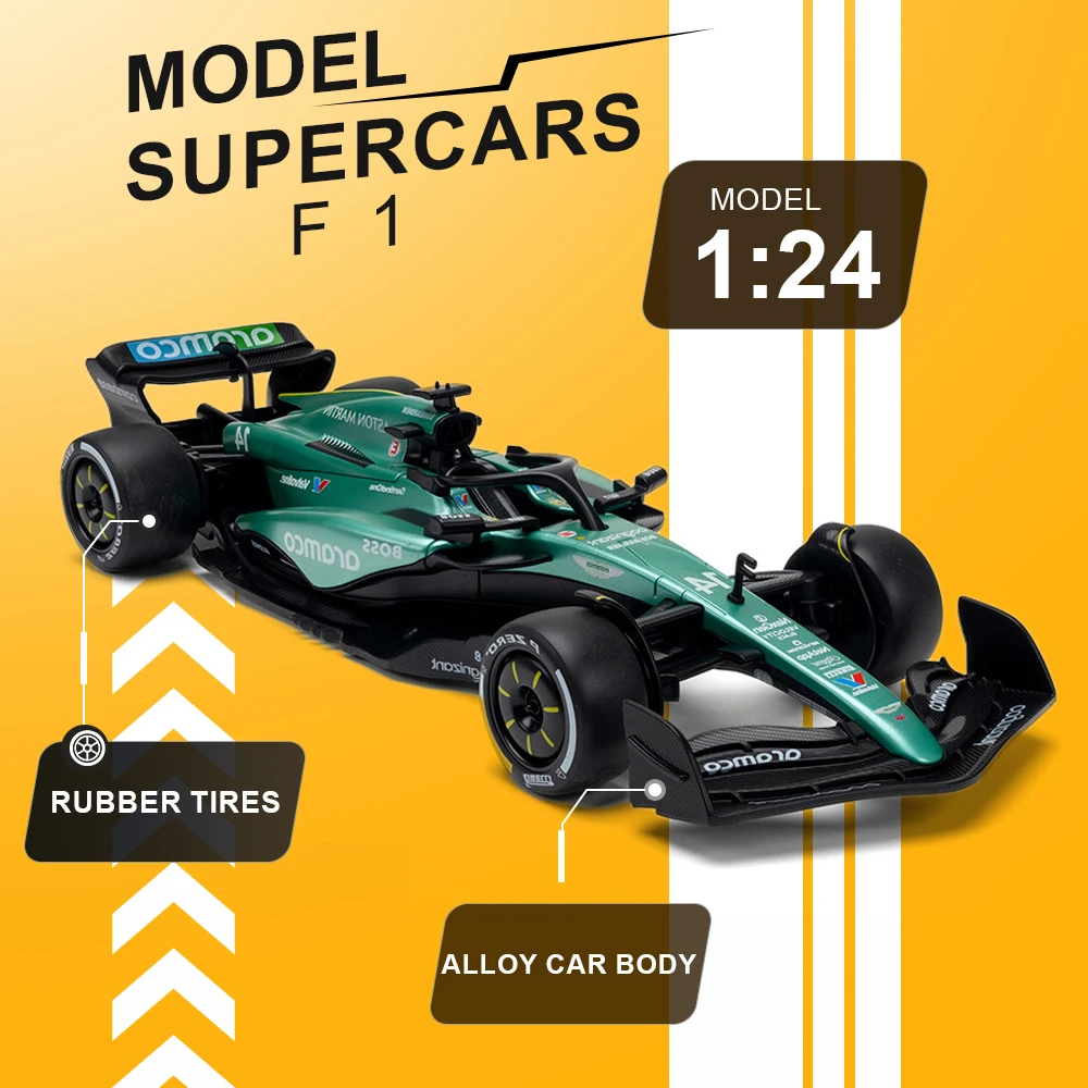 

1:24 Scale F1 Toy Model Racing Cars Metal Diecast Front Wheel Steering Rubber Tires with Acrylic Box Sports Car Display Models