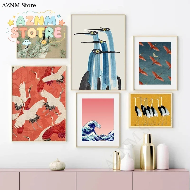 Red Crane Hokusai Eclectic Gallery Wall Art Prints Blue Heron Canvas Painting Nordic Posters Coastal Wall Pictures Home Decor