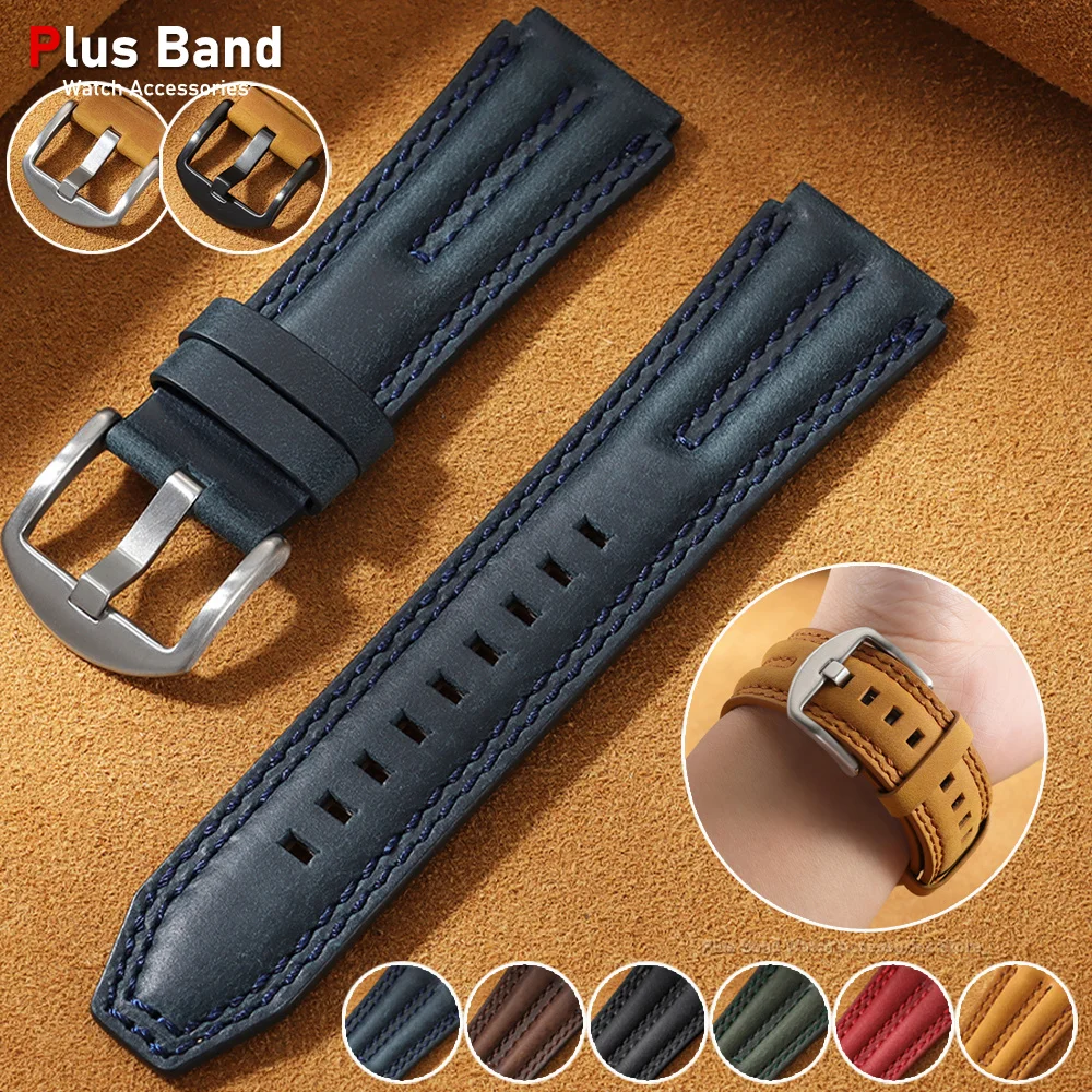 Vintage Crazy Horse Leather Band 22mm Genuine Leather Strap for Seiko for Rolex  Replace Double Stitching Groove Design Bracelet