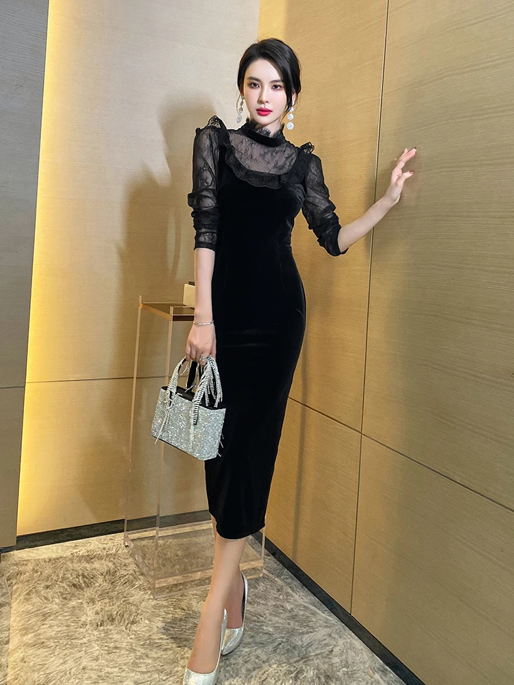 

Bla Velvet Slim Fit Dr Ele Ladylike Suitable for Daily Wear Mid-Length Evening Gown for Women in Ages 26-35