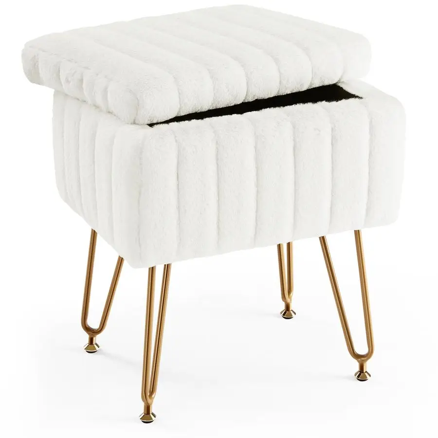 

Vanity Stool Chair with Storage, Ottoman Faux Fur Soft Padded Makeup Footstools Seat with 4 Metal Legs AntiSlip Adjustable Feet