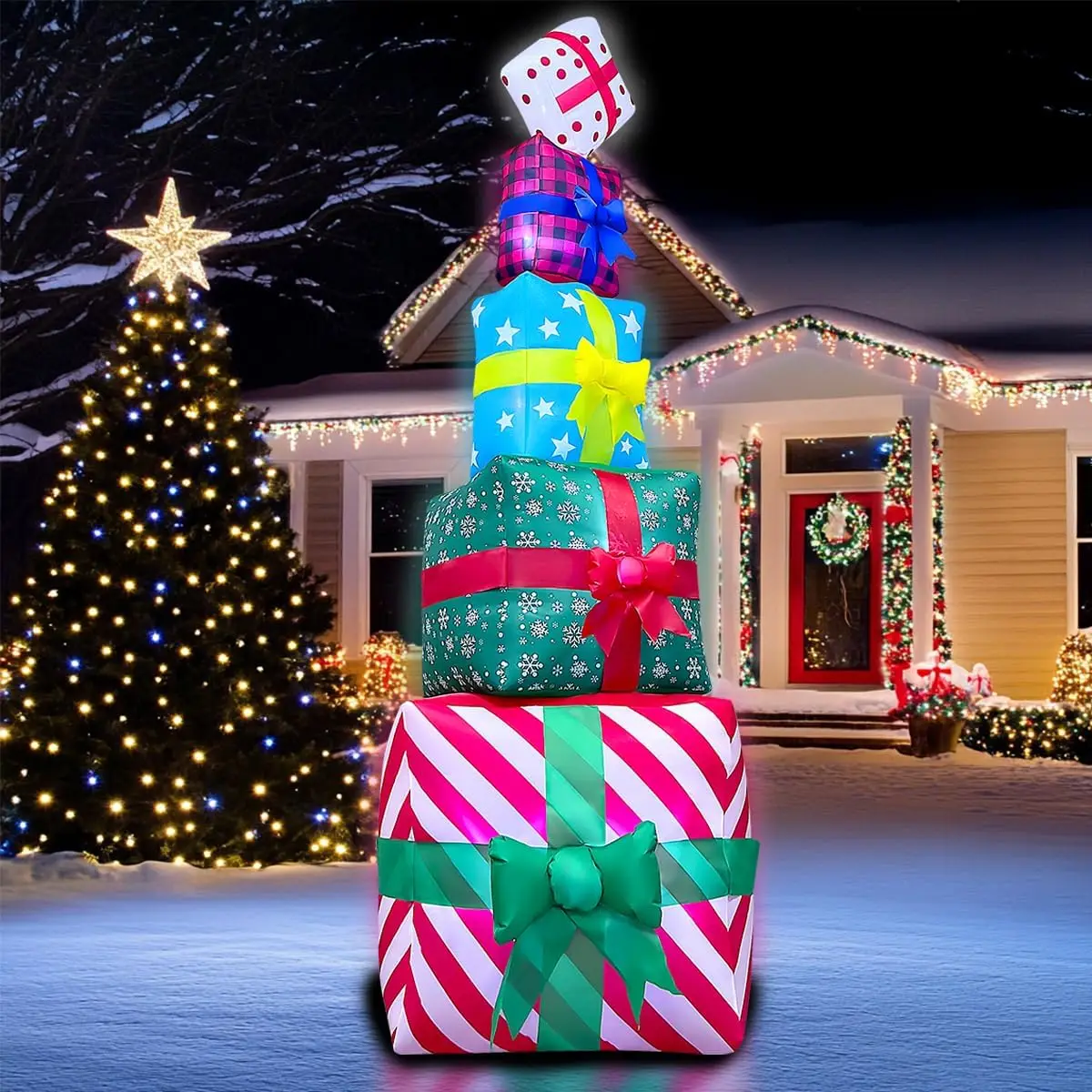 2.4m Christmas Inflatable Gift Boxes Decorations Built-in LED Lights Blow Up Xmas Decor for Holiday Indoor Outdoor Yard Lawn
