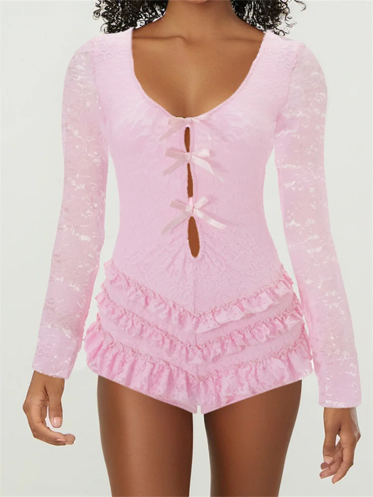 CHRONSTYLE Lace Bodysuits Tops for Women 3D Bow Cut Out O-Neck Long Sleeve Backless Layered Ruffles Shorts Party Club Jumpsuits