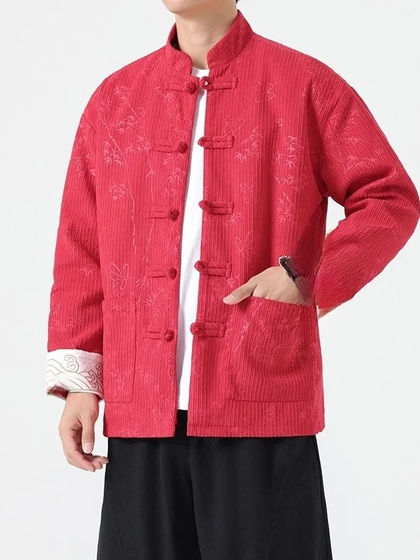 New Autumn Chinese Sle Couple Tang Suit Men's Women's Loose Velvet Jaet Outerwear Zhongan Coat Red Warmth Faion