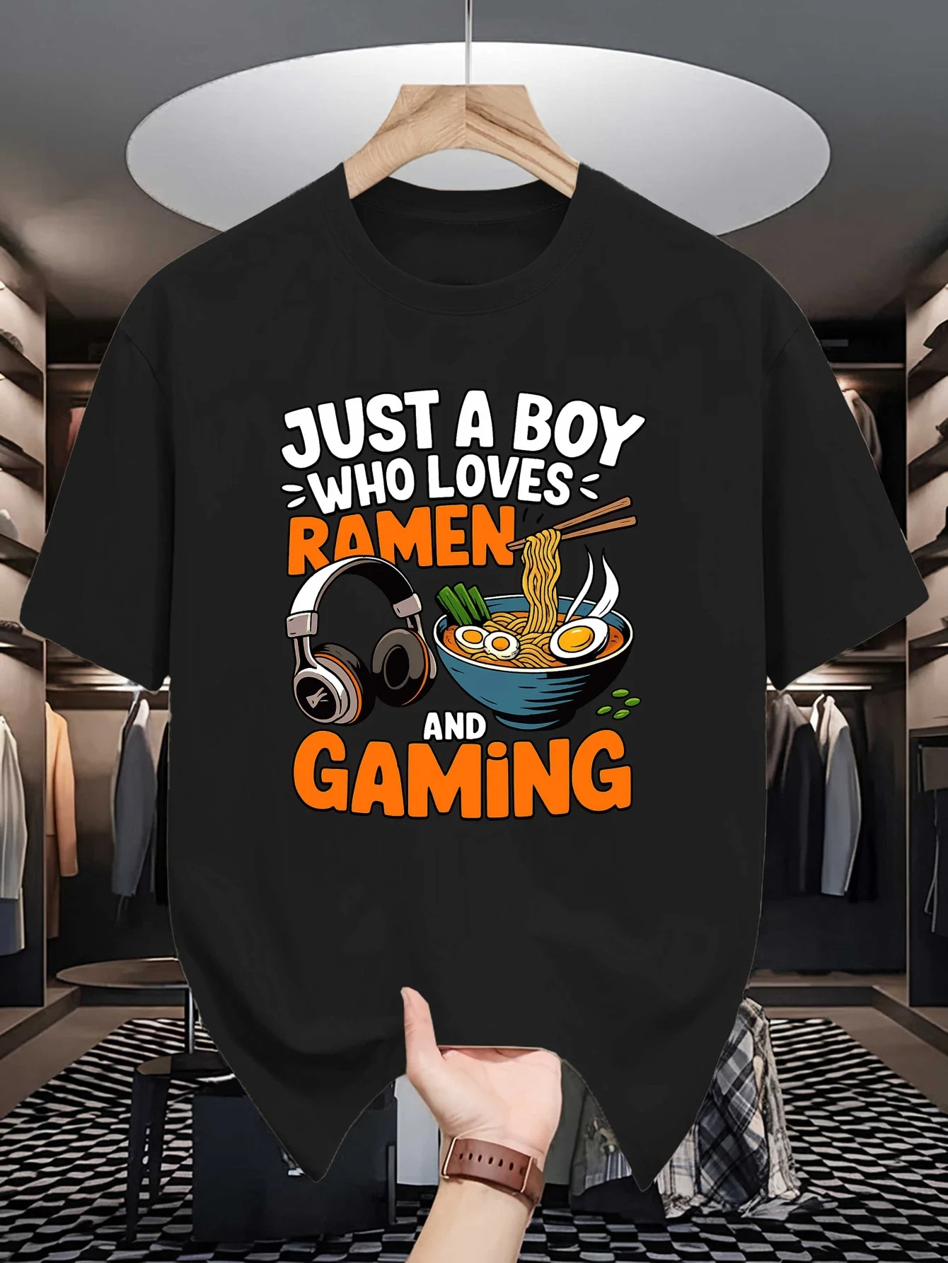 Mens Crew Neck Tee Just A Boy Who Loves Ramen And Gaming Tops For Gamer Noodle Lovers Gift Young Mens Summer Daily Wear Apparel