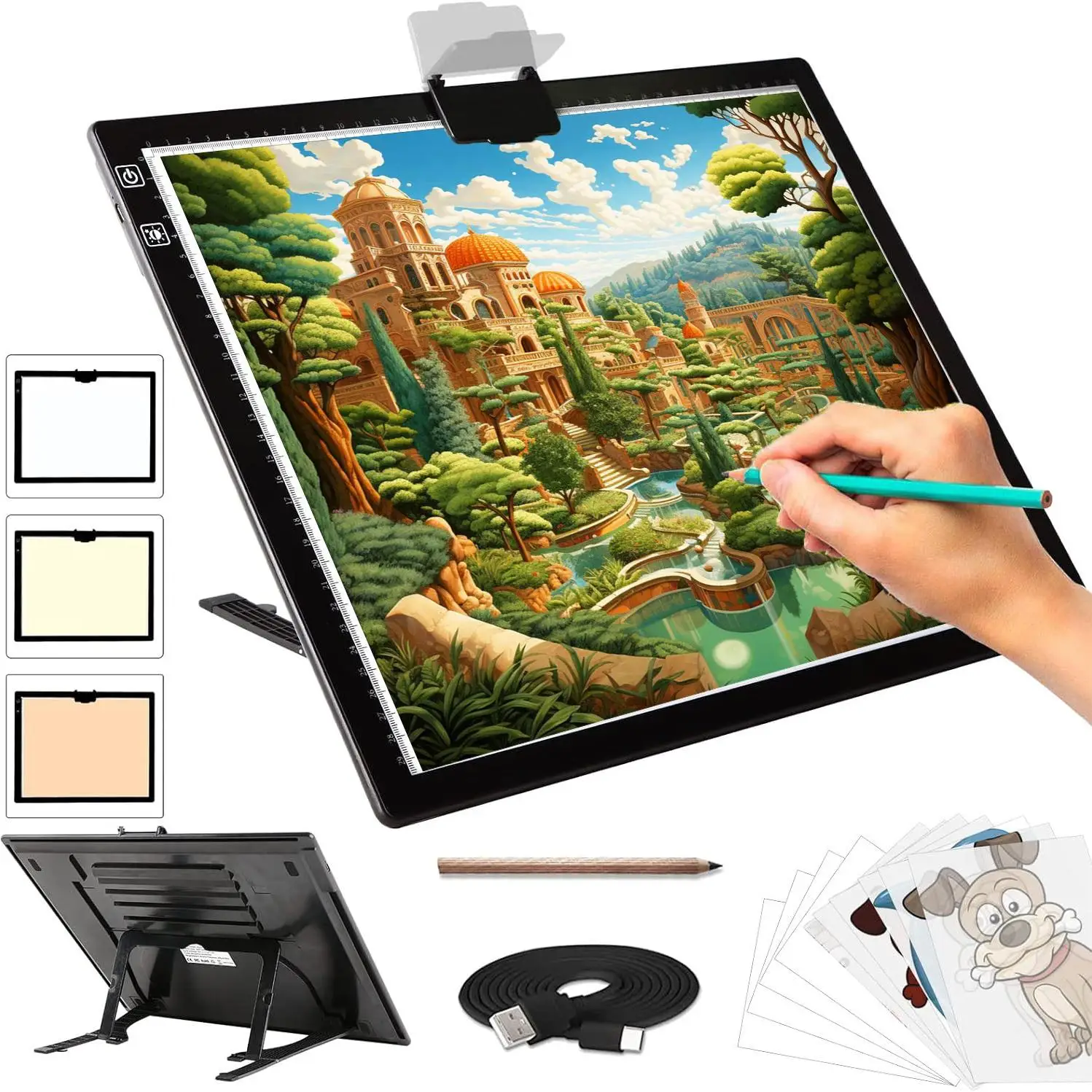 Rechargeable A3 Light Pad for Diamond Painting,Tracing Light Box with Stand and Clip,3 Color Stepless and 6 Speed Dimming