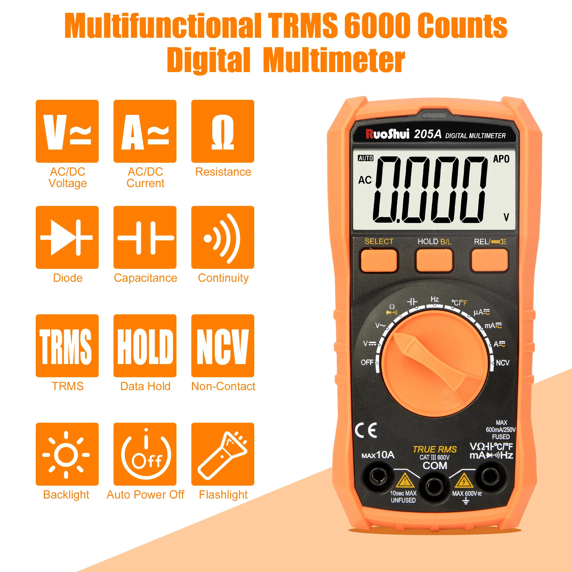 VICTOR Digital Multimeter Tester 6000 Counts AC/DC Current  Voltage Meter Ohm Amp Meter Auto-Ranging Fast Tester 205A