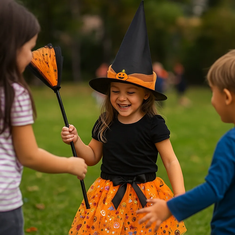 

3Pcs/set Wizard Childern Halloween Costumes Broom Bright Color Kids Witch Dress Set Pointy Hat Costume Cosplay Props