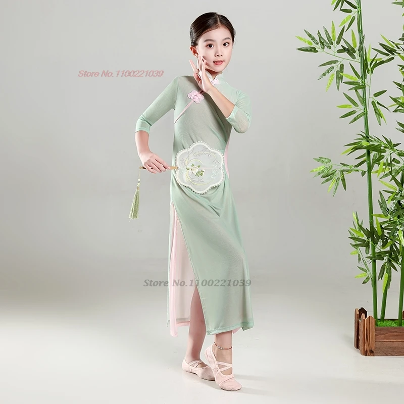 2025 vestido de danza folclórica tradicional china para niños cheongsam entrenamiento ejercicio práctica puesta en escena vestido qipao de danza folclórica