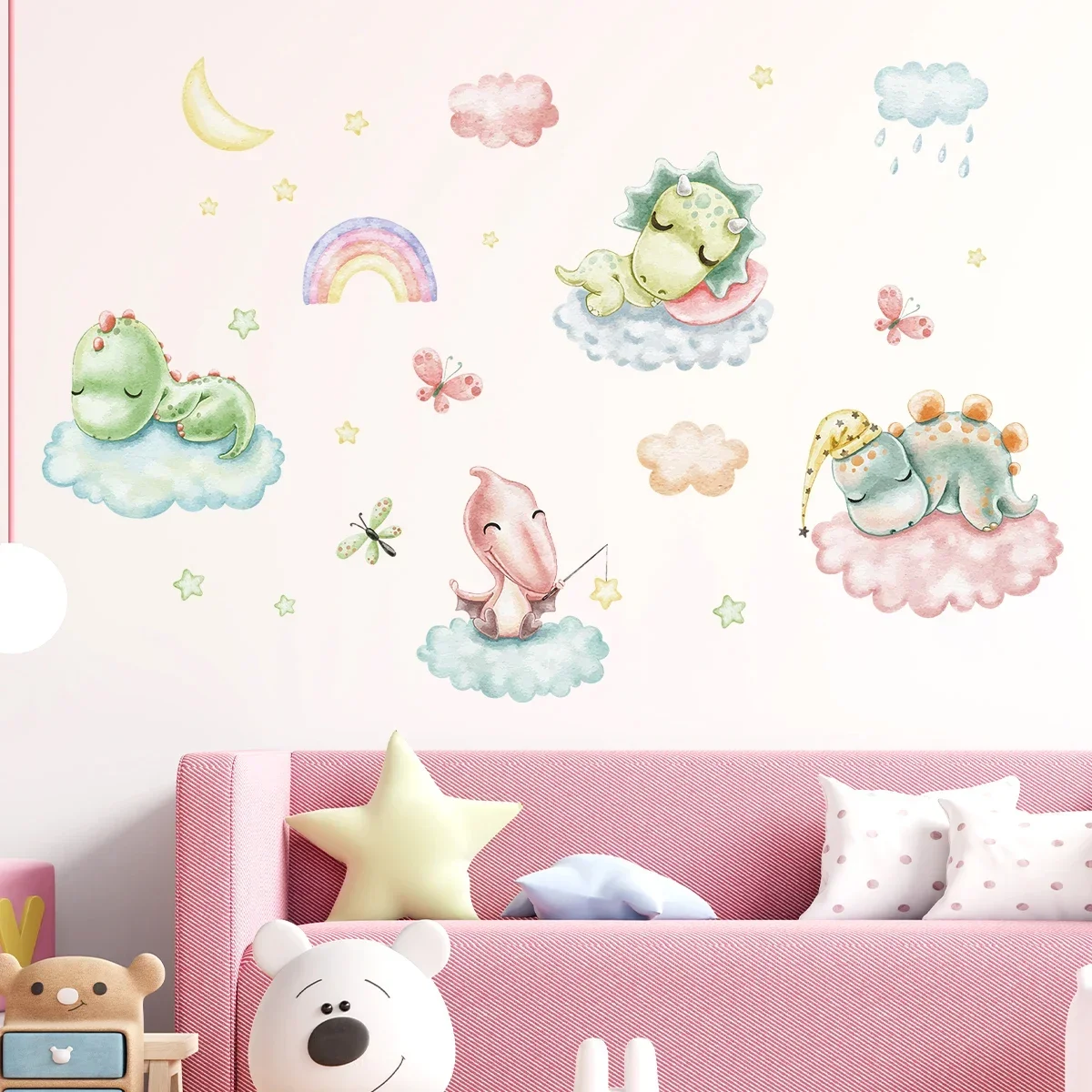 1Pc Cartoon Cute Cloud Sleep Dinosaur Wall Stickers Bedroom Decoration Kids Room Decor for Home Essentials Baby Room Wall Decals