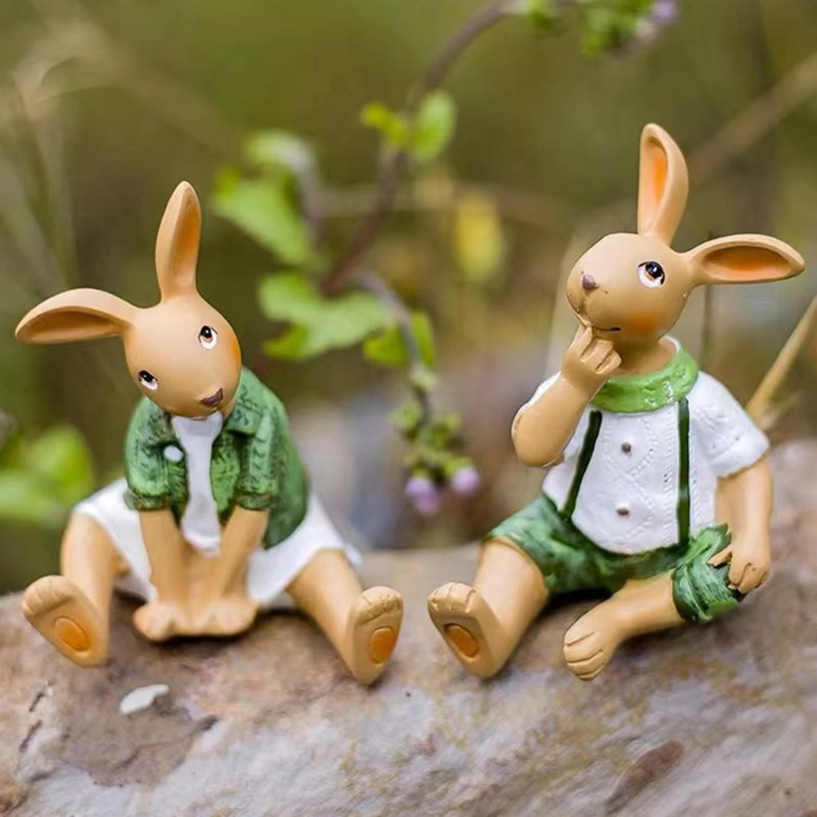 2pcs Set Resin Bunny Statues Delicate Green Bunny Easter Party Decoration for Holiday Home Garden Statues & Sculptures