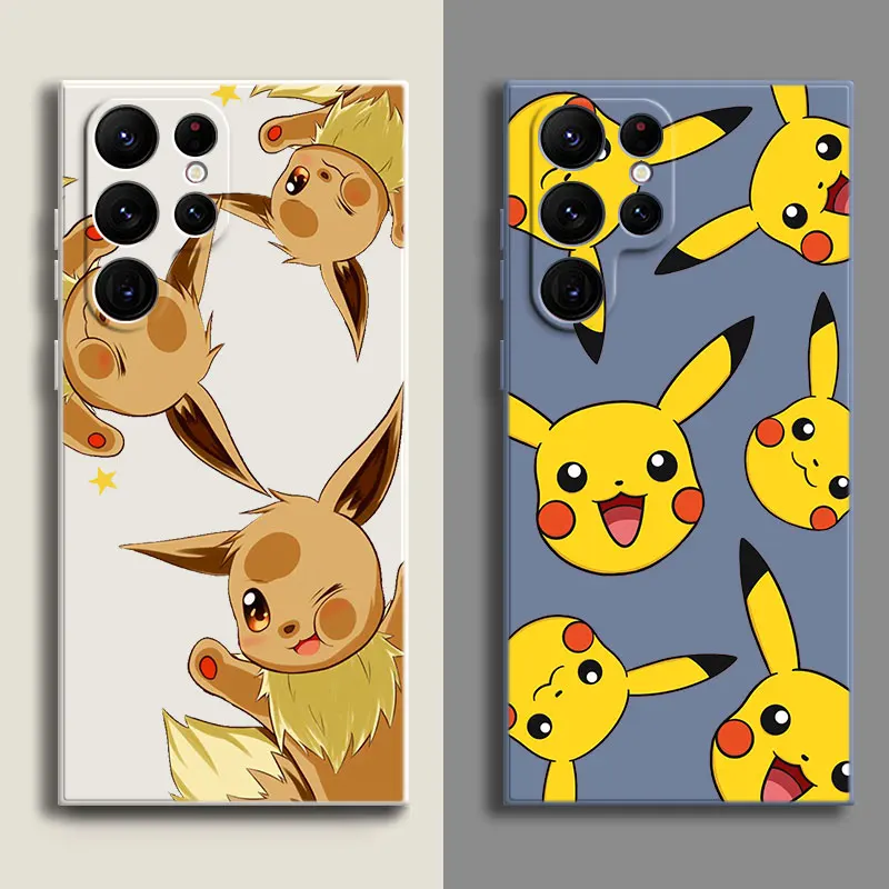 New Cute Pikachu Eevee Case For Samsung Galaxy S23 S22 S21 S20 FE 5G S10E S10 S9 S8 Note 10 Plus 20 Ultra Square Liquid Cover