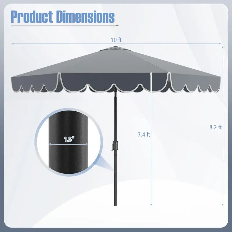 10 Ft Patio Umbrella, Outdoor Market Umbrella With Polyester Canopy, Ruffled Edge And Air Vent, Crank Tilt Adjustment, 8 Metal Ribs For Patio Pool Restaurant, Gray