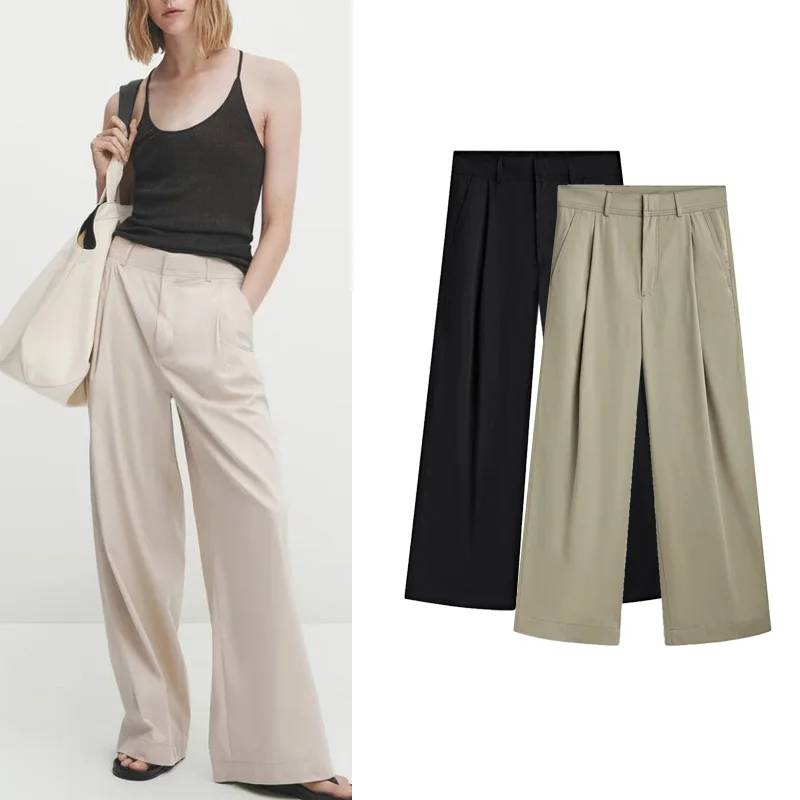 Comfortable Casual Wide Leg Pants for Women Mixed Fiber Folded Front Lazy Style High Waist Pocket Detail Commute Style