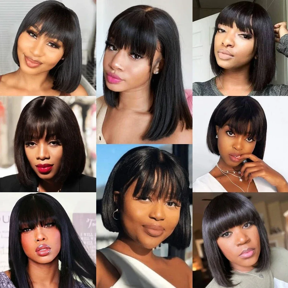 Bone Straight Bob Wigs 3X1 Средняя часть Кружевные парики из натуральных волос с челкой Полная машинная работа Короткий боб с бахромой Бесклеевой парик для женщин