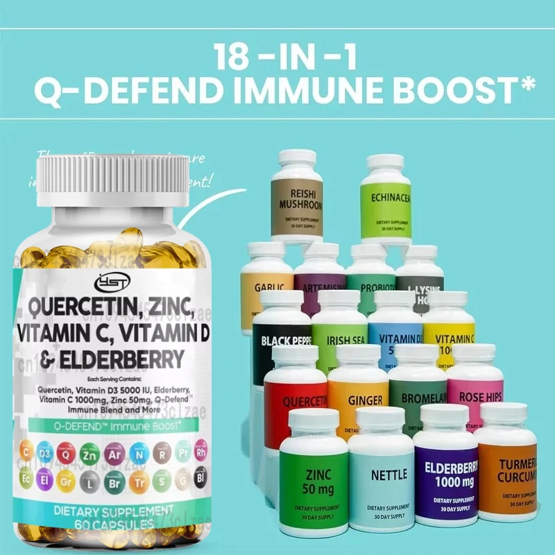 Quercetin Zinc Vitamin C Vitamin D 5000 IU Bromelain Seaweed Purple Cone Chrysanthemum Elderberry Garlic - Immune Support