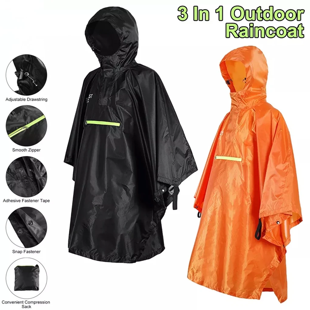 3 In 1 Outdoor Raincoat Hooded Sleeve Long Waterproof Rain Poncho Motorcycle Rain Cover Camping Hiking Travel Rainwear Tent