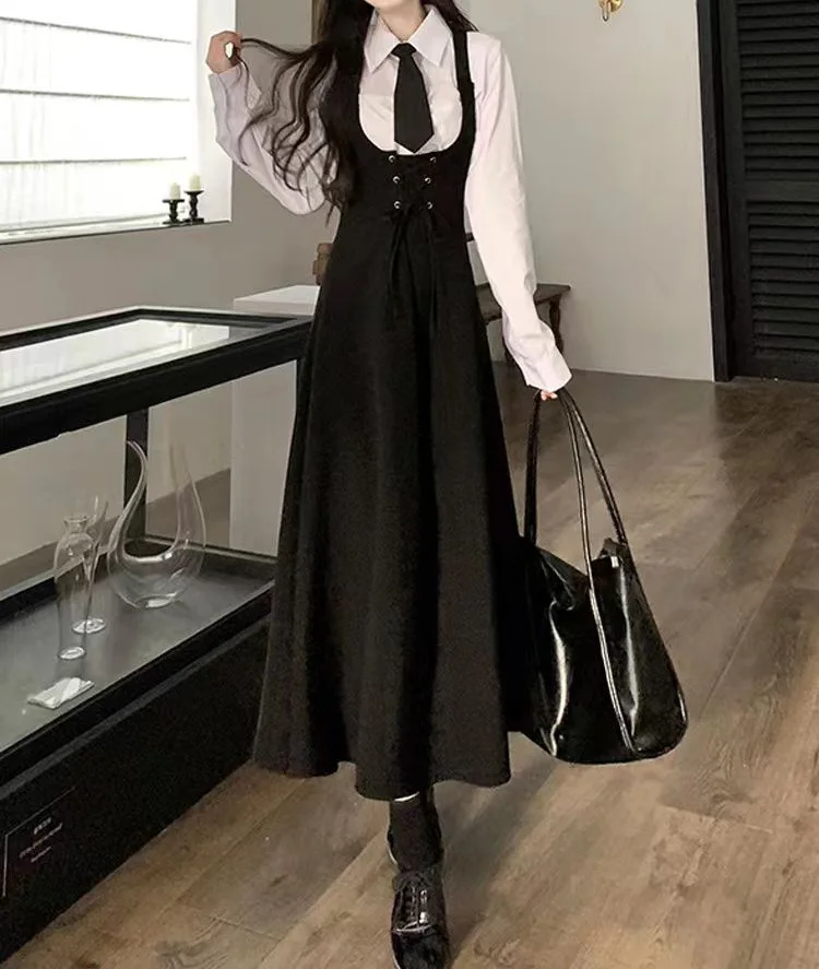 Sets Women Preppy Style Sleeveless Fashion Midi Dresses Elegant Simple Classic Shirts Schoolgirls Sweet Korean Slim Two Pieces