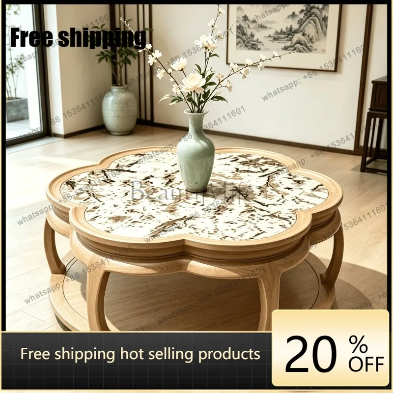 YJ Custom Flower Shape Coffee Table 2026 Song Aesthetics North American Black Walnut New Chinese Villa Living Room Table