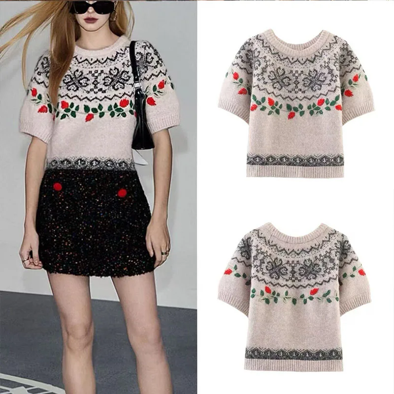 

2025 Autumn New Women's Fashion European and American Style Versatile Jacquard Embroidered Short-Sleeve Knit Top